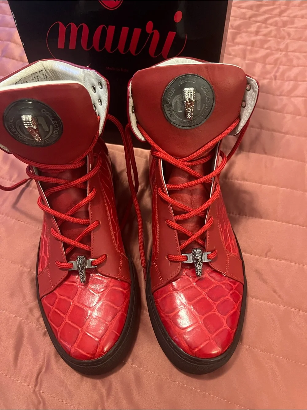 Mauri Red Croc-Embossed Leather High-Tops with Medallion - New